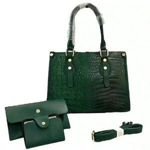 Chic Luxurious 3pcs Dark Green Crocodile Embossed Faux Leather Handbag Purse NWT